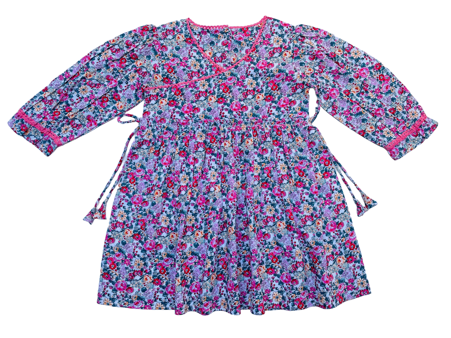 Long Sleeves Pink Bloom Overlap Girl's Cotton Dress - LARILI