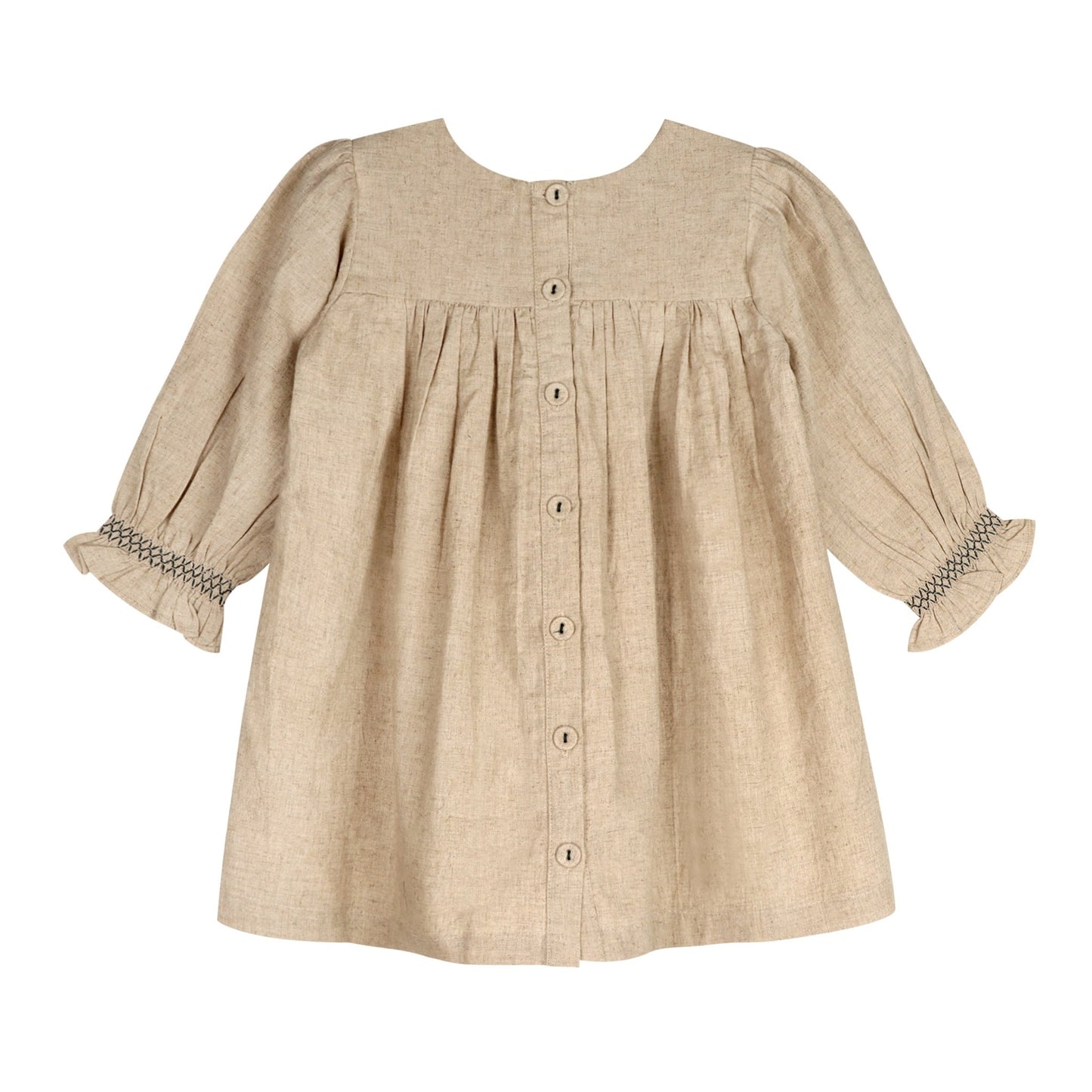 Girls' Meadow Breeze natural linen dress with floral embroidery and smocking. Handcrafted artisan clothing by LARILI."