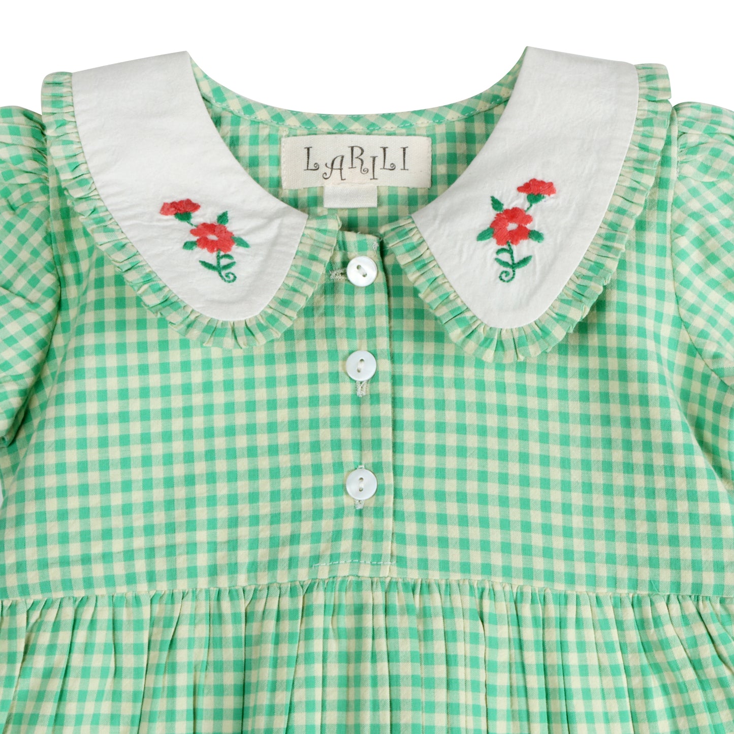 Green Gingham Emb. Mia Dress Detail