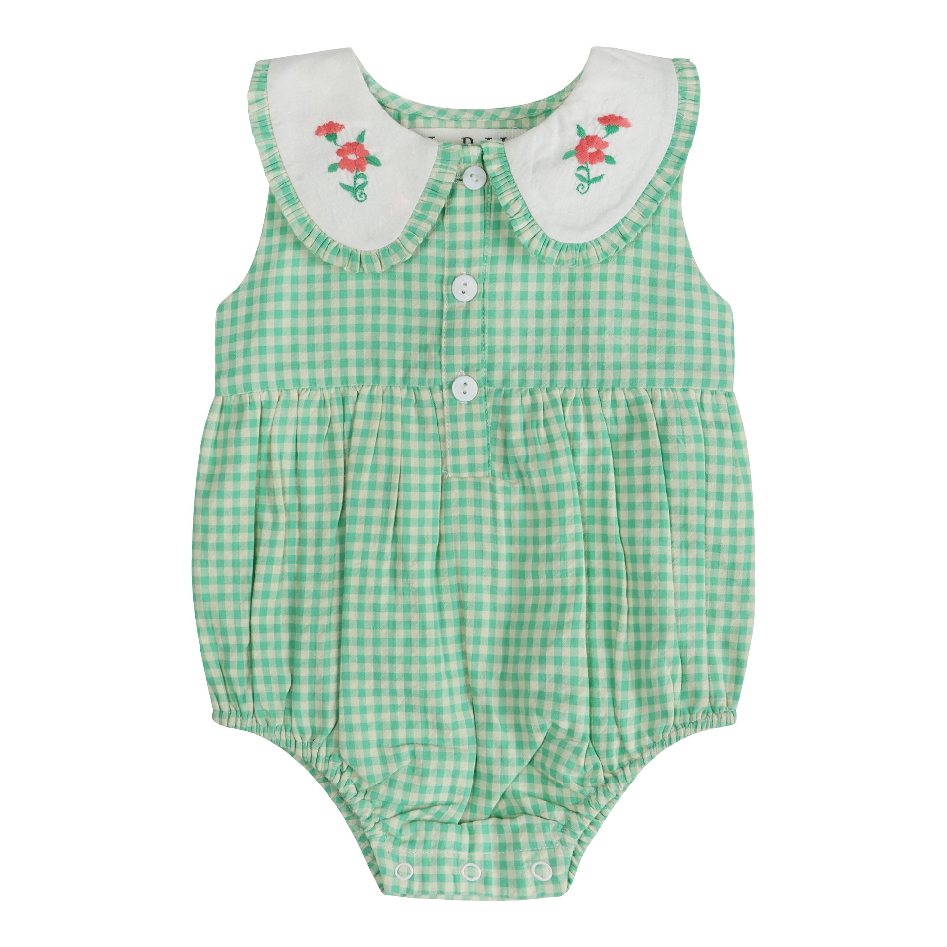 Green Gingham Emb. Mia Girl Romper