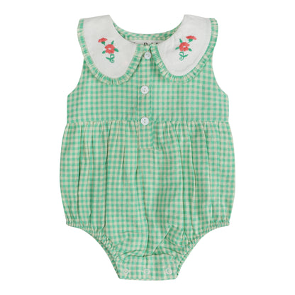 Green Gingham Emb. Mia Girl Romper