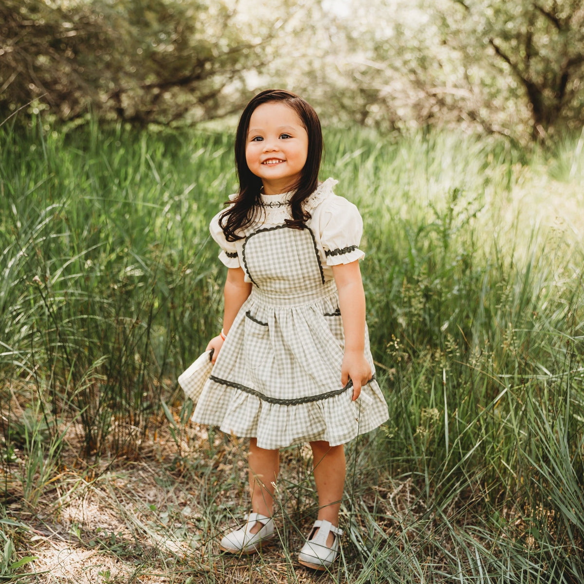 Green Gingham Pinafore & Blouse Set | Coordinated Sibling Outfits 