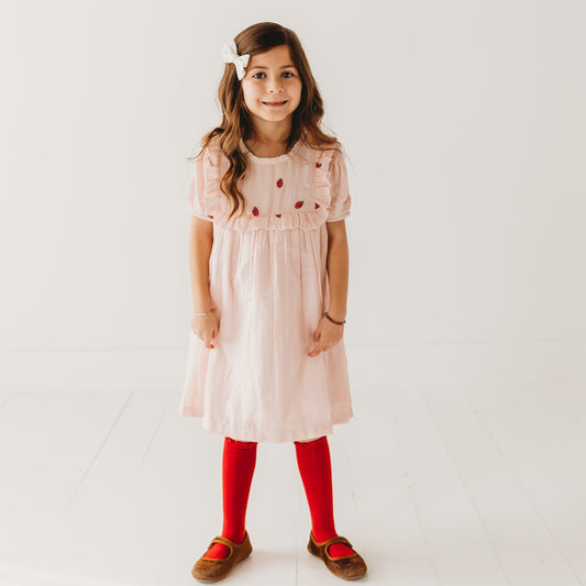 Strawberry Embroidered Dress in Pale Pink Soft Muslin Cloth
