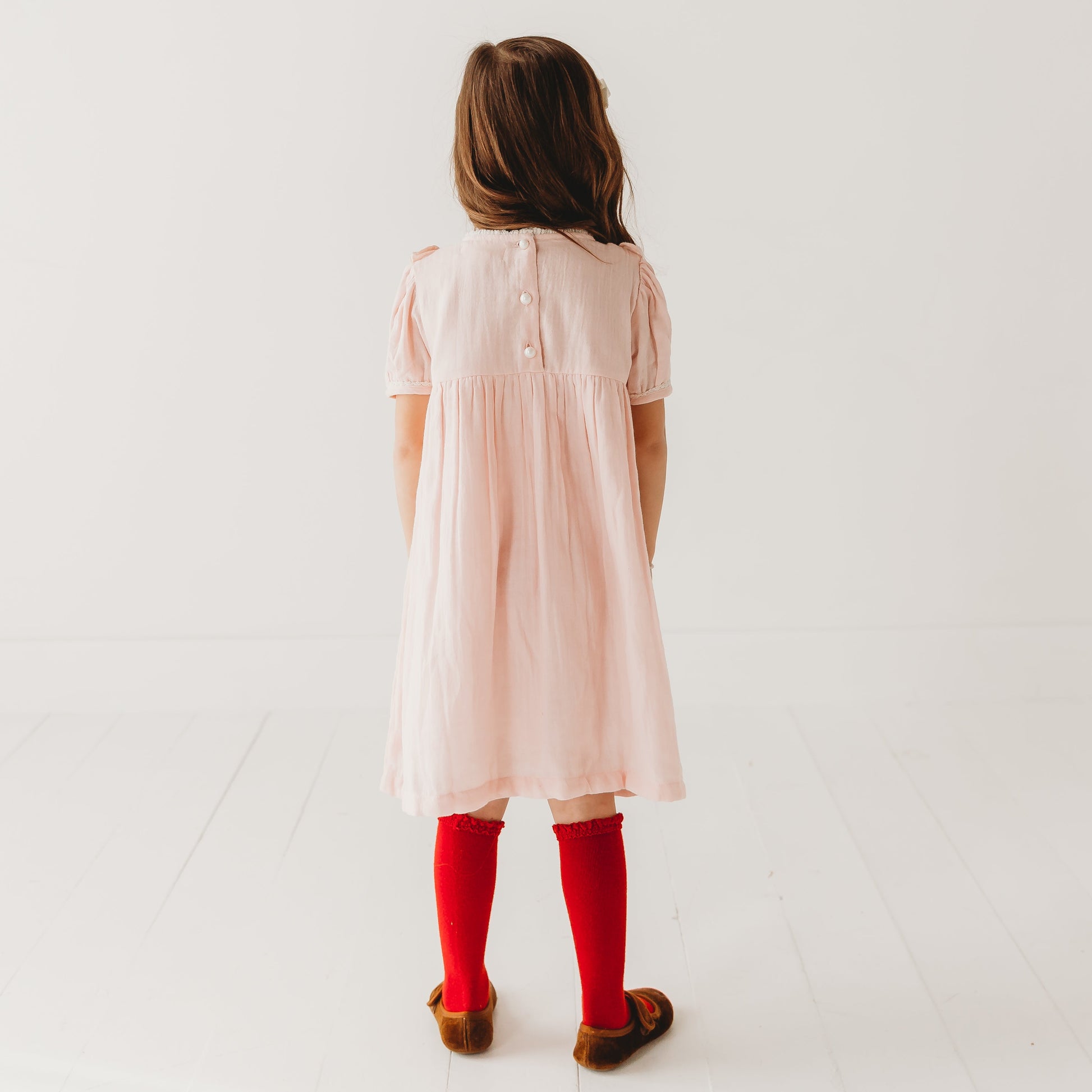Strawberry Embroidered Dress in Pale Pink on Soft Muslin Fabric