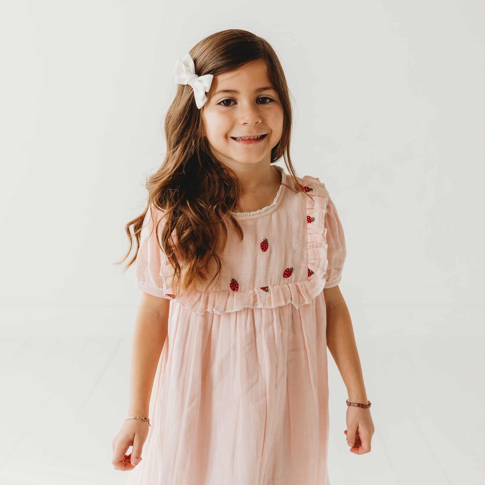 Strawberry Embroidered Dress in Pale Pink on Soft Muslin Fabric