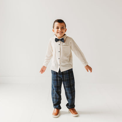 Boys Blue Plaid Cord Set, with Linen Shirt with Bow