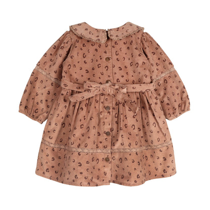 LARILI Cord Crush dress. Lavender animal print corduroy with lace collar and handmade details.