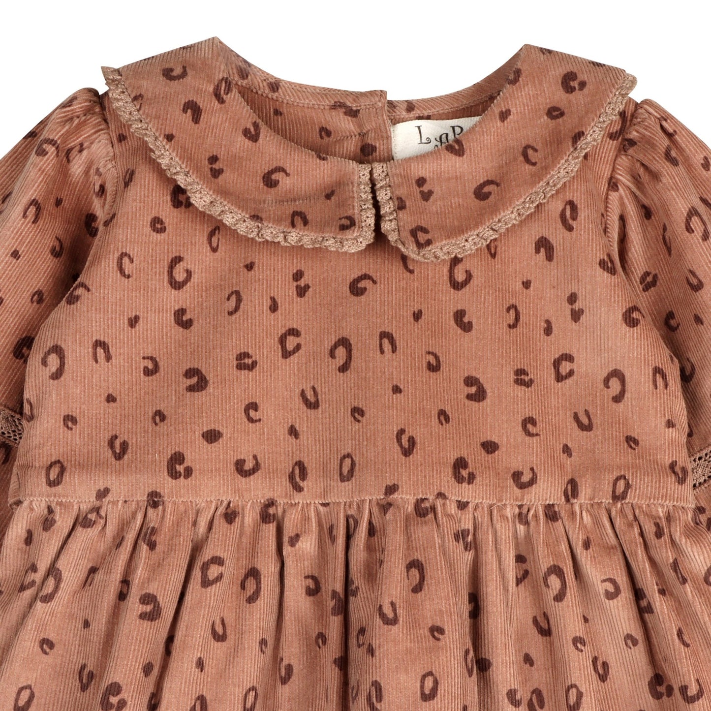 LARILI Cord Crush dress. Lavender animal print corduroy with lace collar and handmade details.