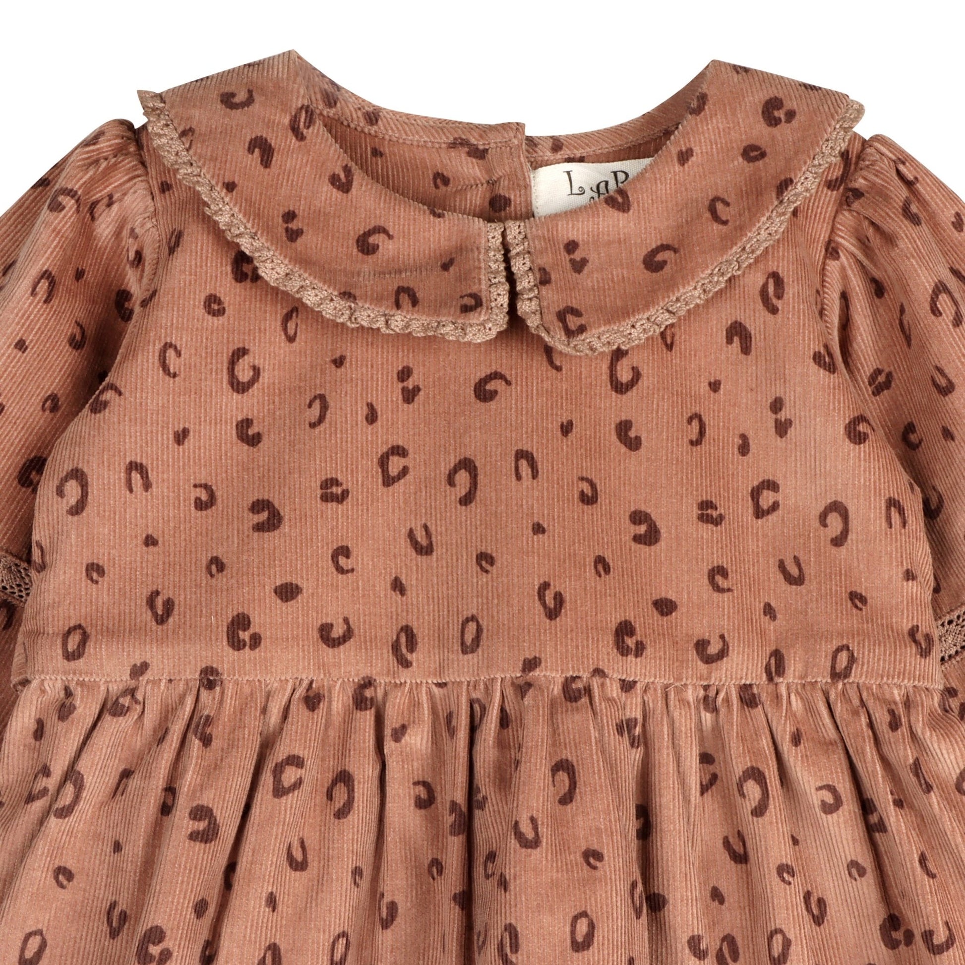 LARILI Cord Crush dress. Lavender animal print corduroy with lace collar and handmade details.
