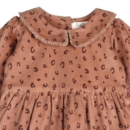 LARILI Cord Crush dress. Lavender animal print corduroy with lace collar and handmade details.