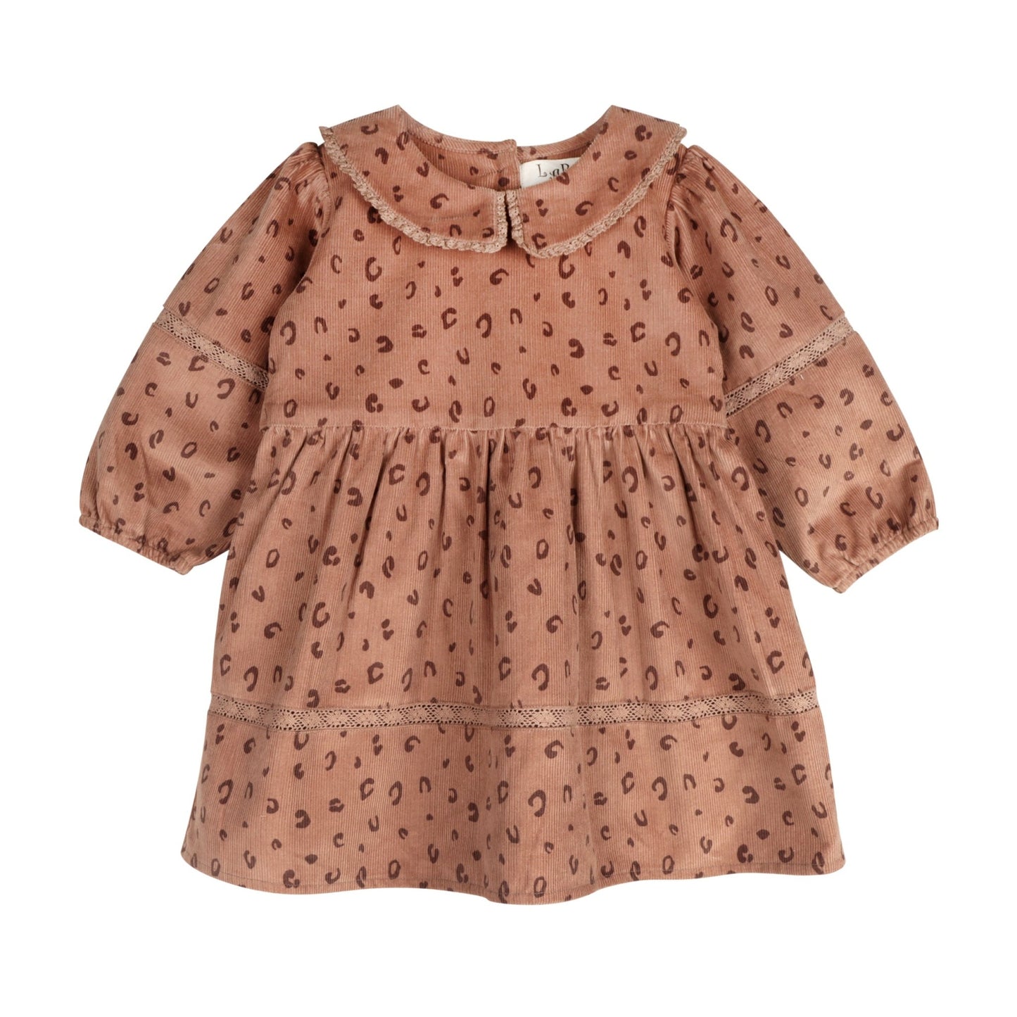 LARILI Cord Crush dress. Lavender animal print corduroy with lace collar and handmade details.