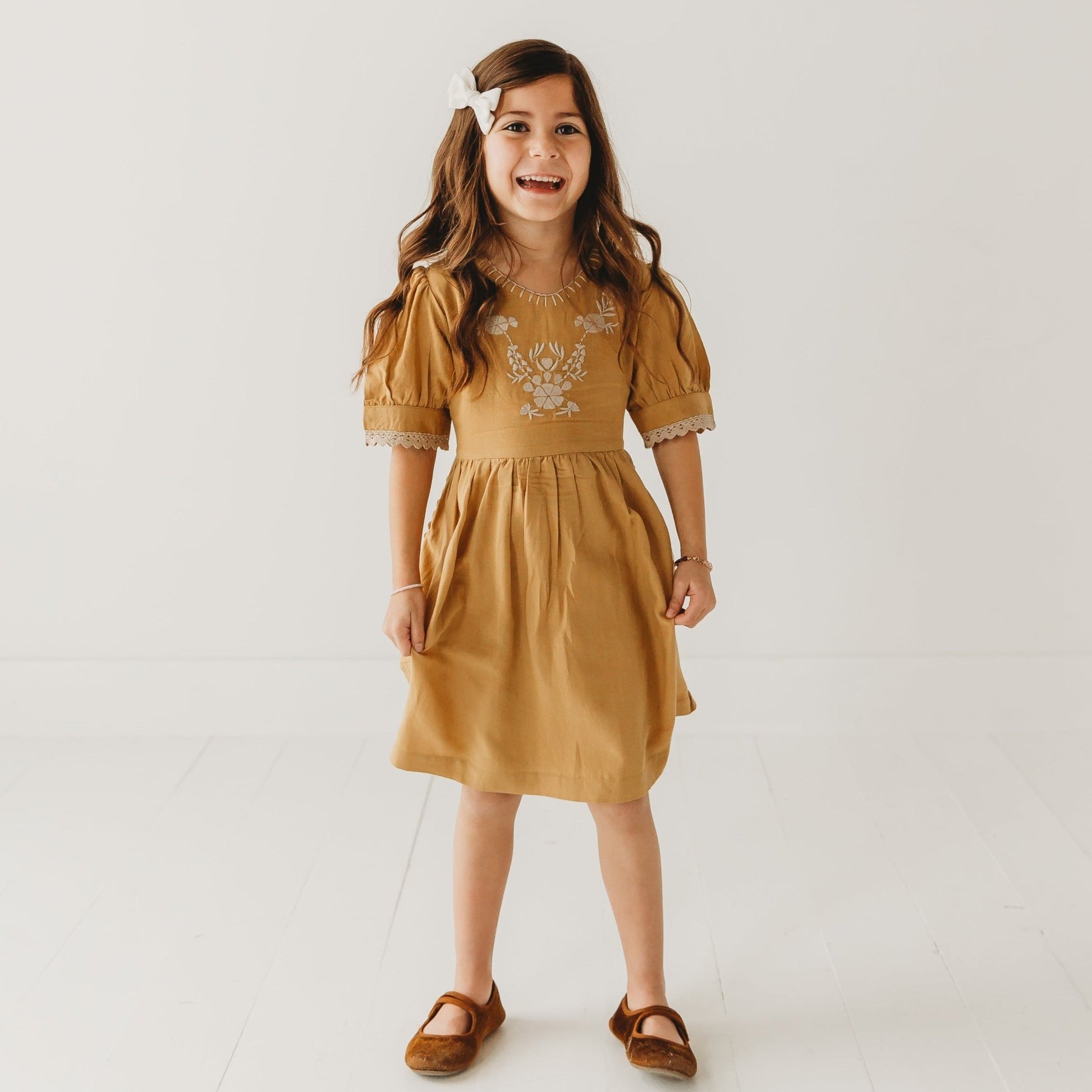 Mustard Embroidered Puff Sleeve Dress 2-8Y | LARILI 6Y Mustard Embroidered Puff Sleeve Dress 2-8Y | LARILI 6Y