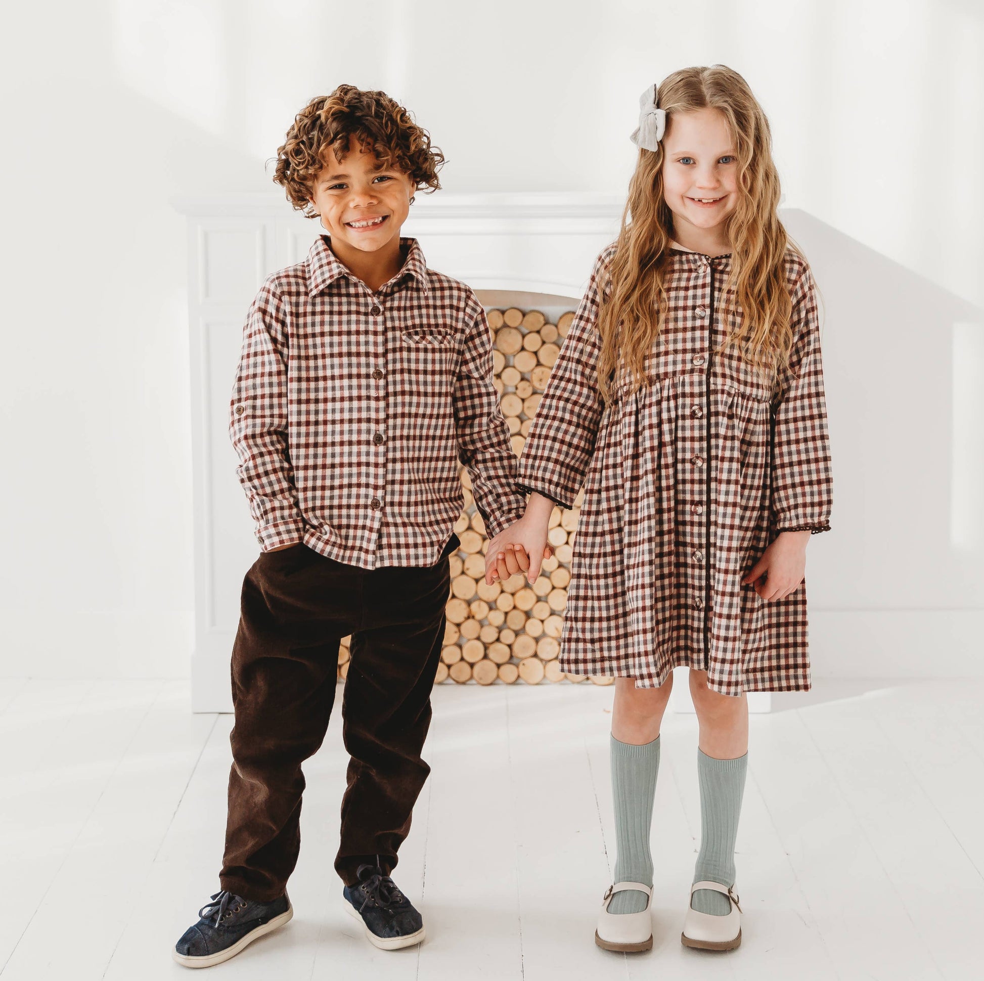 Brushed Gingham Check Boys Shirt Sibling Match with Girl Sailor Collar Dress