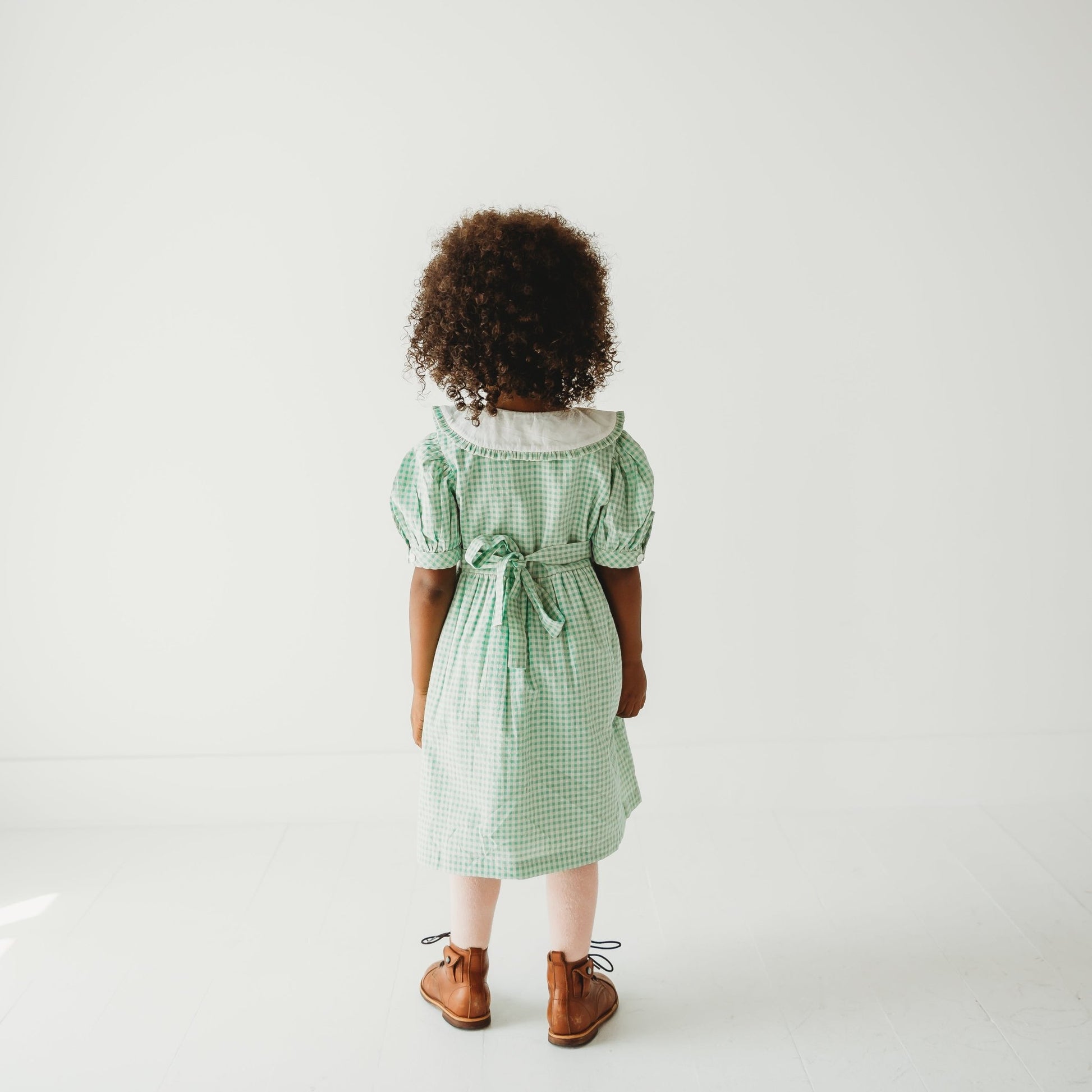 5 Year old Girl back view of Green Gingham Emb. Mia Dress - LARILI
