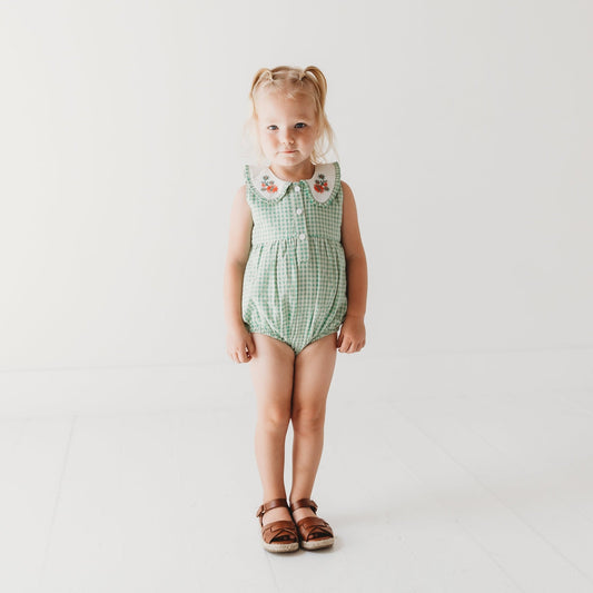 Green Gingham Emb. Mia Girl Romper