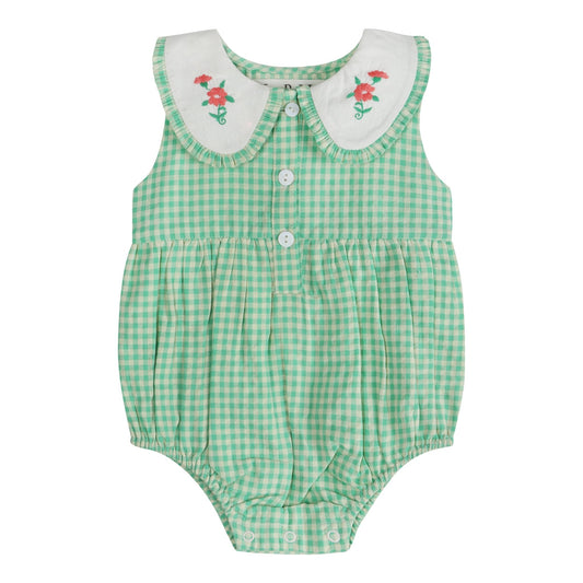 Green Gingham Emb. Mia Girl Romper