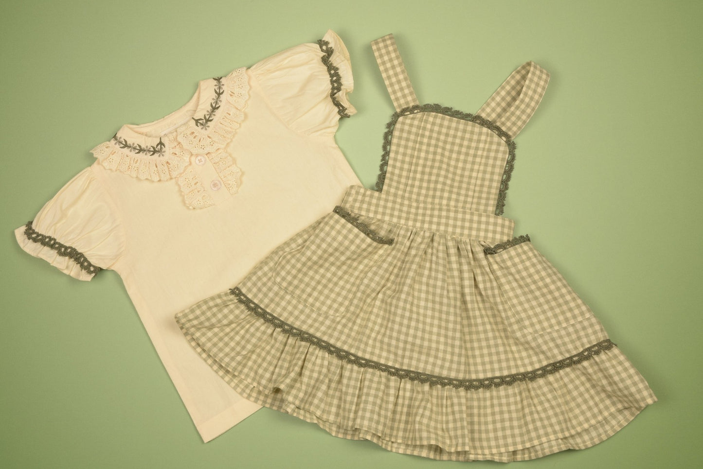 Green Gingham Pinafore Dress and Blouse Set - LARILI
