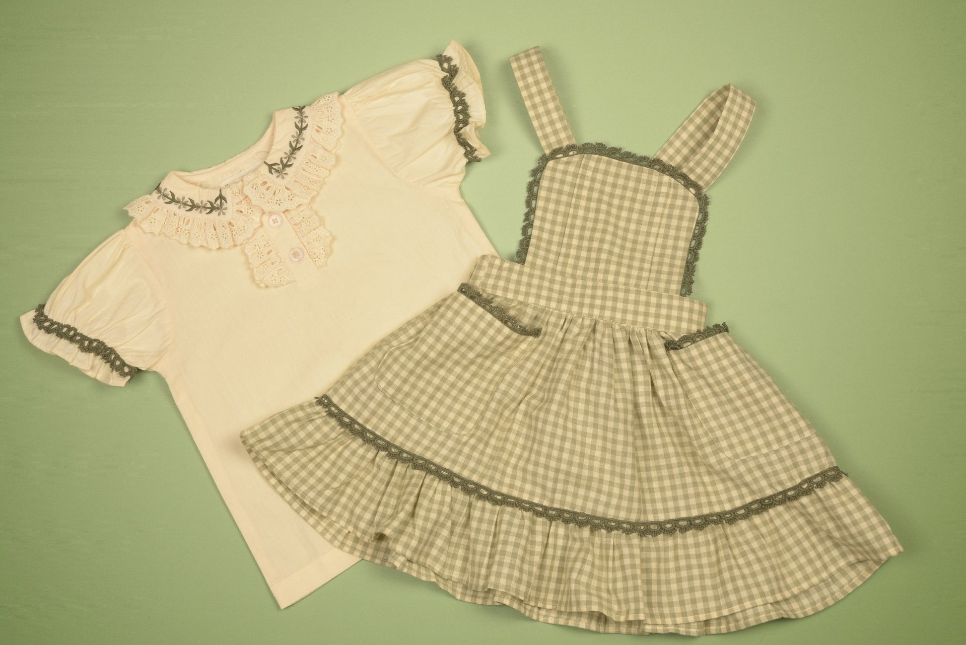 Green Gingham Pinafore Dress and Blouse Set - LARILI