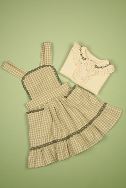 Green Gingham Pinafore Dress and Blouse Set - LARILI