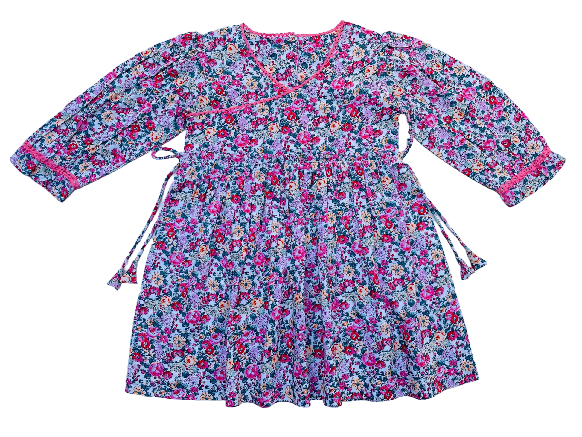 Long Sleeves Pink Bloom Overlap Girl's Cotton Dress - LARILI
