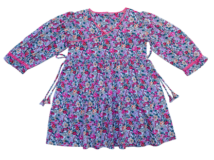 Long Sleeves Pink Bloom Overlap Girl's Cotton Dress - LARILI