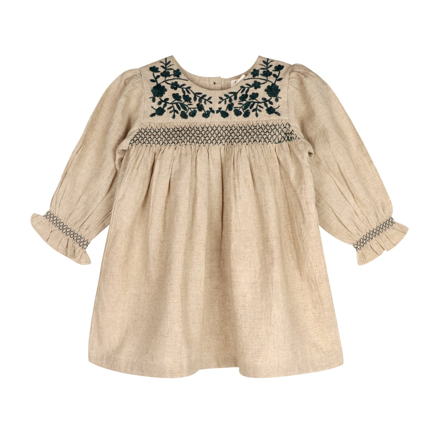 Girls' Meadow Breeze natural linen dress with floral embroidery and smocking. Handcrafted artisan clothing by LARILI.