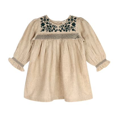 Girls' Meadow Breeze natural linen dress with floral embroidery and smocking. Handcrafted artisan clothing by LARILI.
