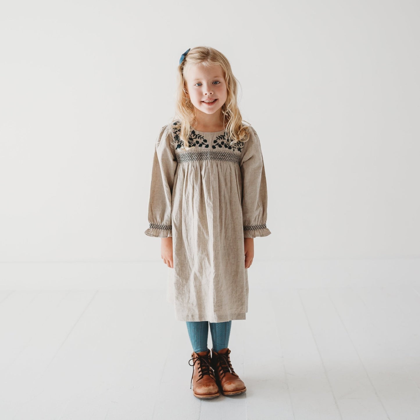 Meadow Breeze Linen Embroidered Oasis Dress | Girls' Smocked Linen Dress