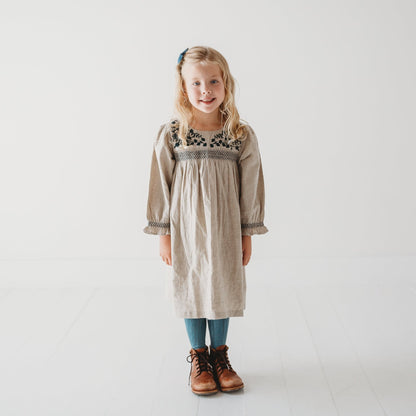 Meadow Breeze Linen Embroidered Oasis Dress | Girls' Smocked Linen Dress
