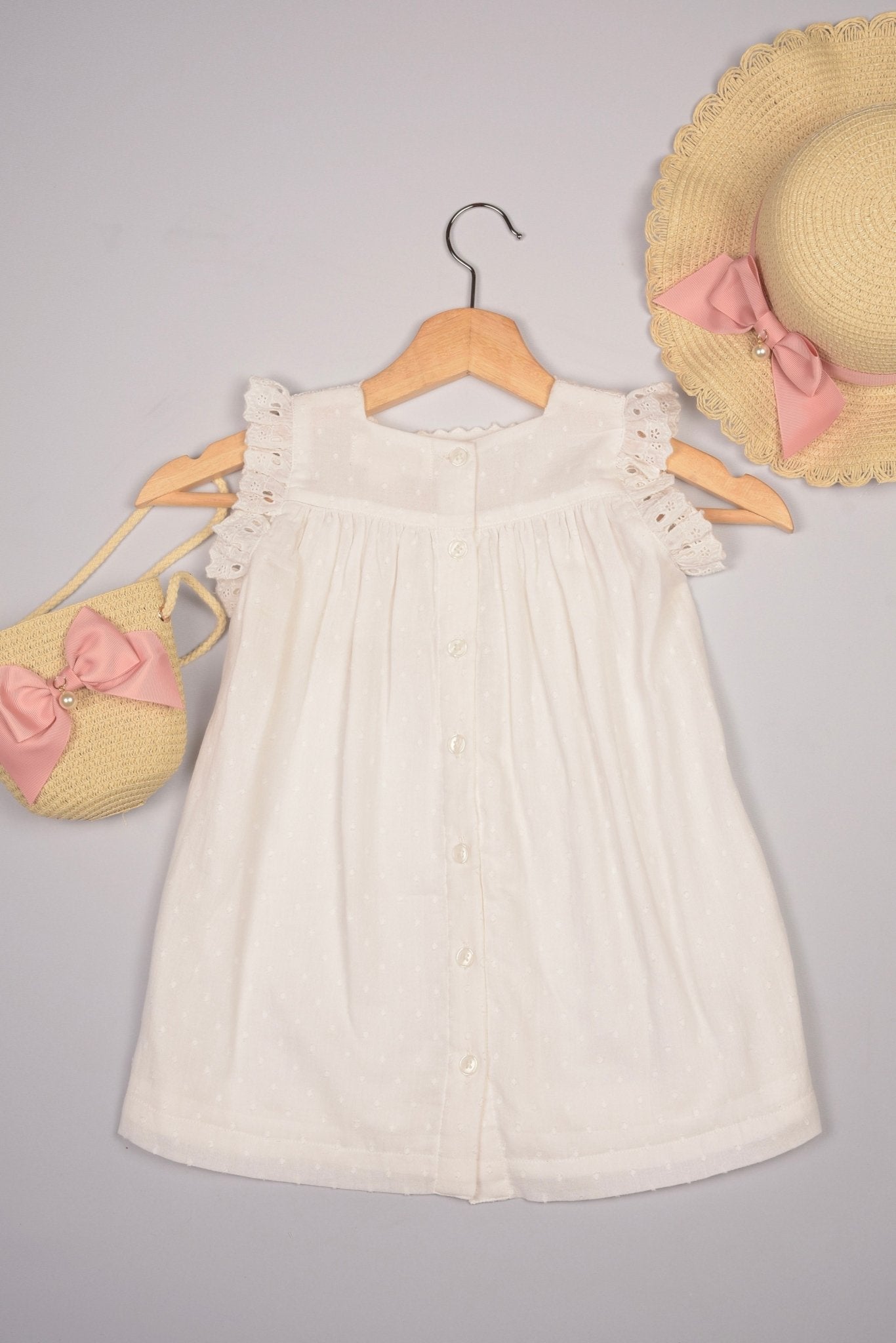 Off-white Lace Yoke Girl's Dobby Dress - LARILI
