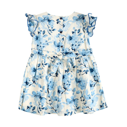 Periwinkle Blue Floral Print Cotton Dress - LARILI