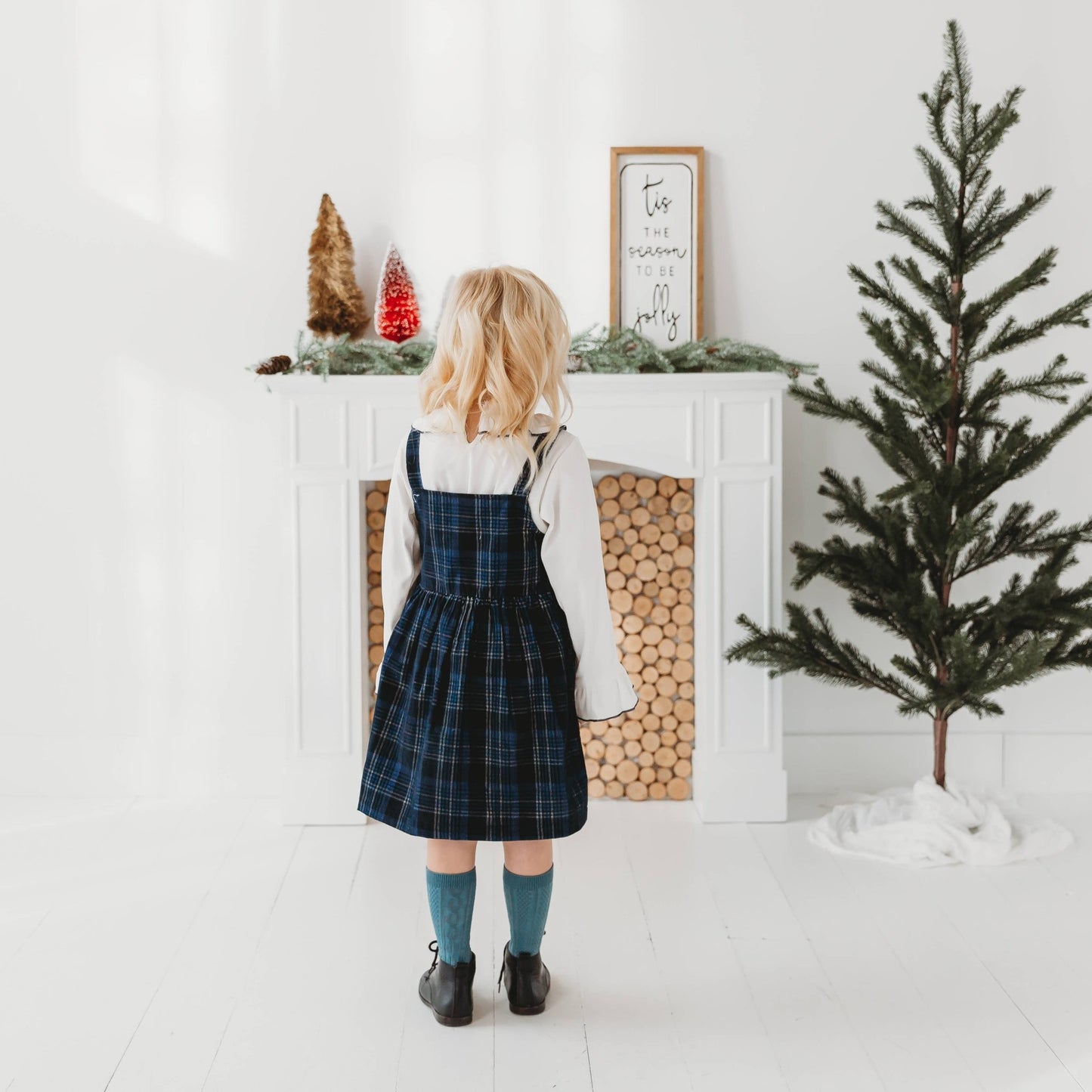 Pinafore Dress in Blue Plaid Cord With Ribbed Top