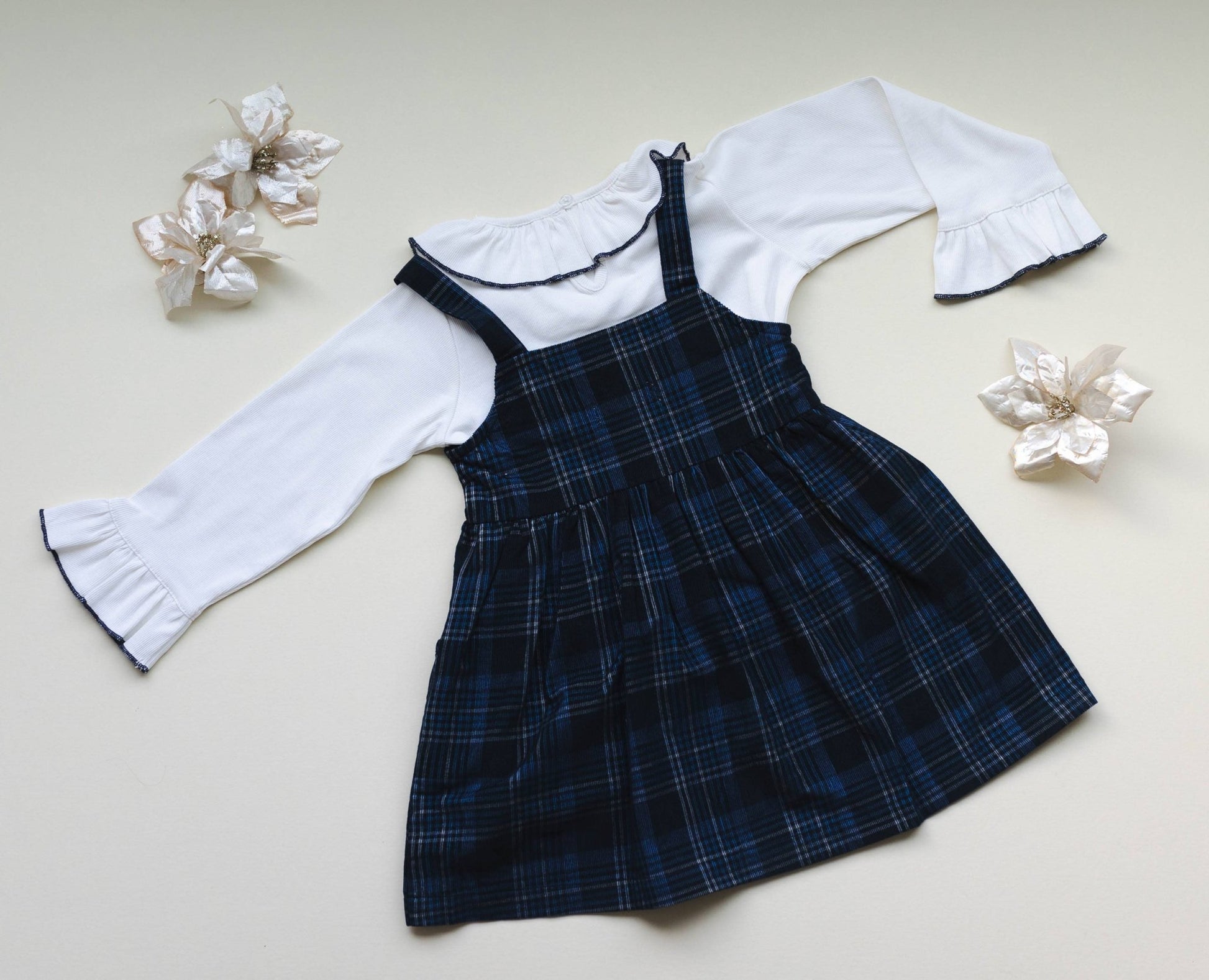 Pinafore Dress in Blue Plaid Cord With Ribbed Top 12M Pinafore Dress in Blue Plaid Cord With Ribbed Top 12M