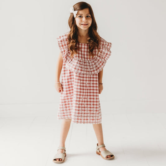Pink Gingham Schiffli Embroidery Mia Dress - LARILI