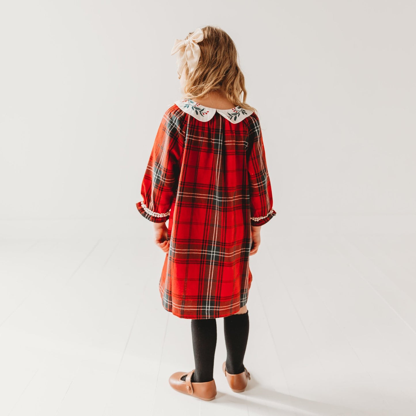 Red Plaid Girl's Christmas Dress Embroidery