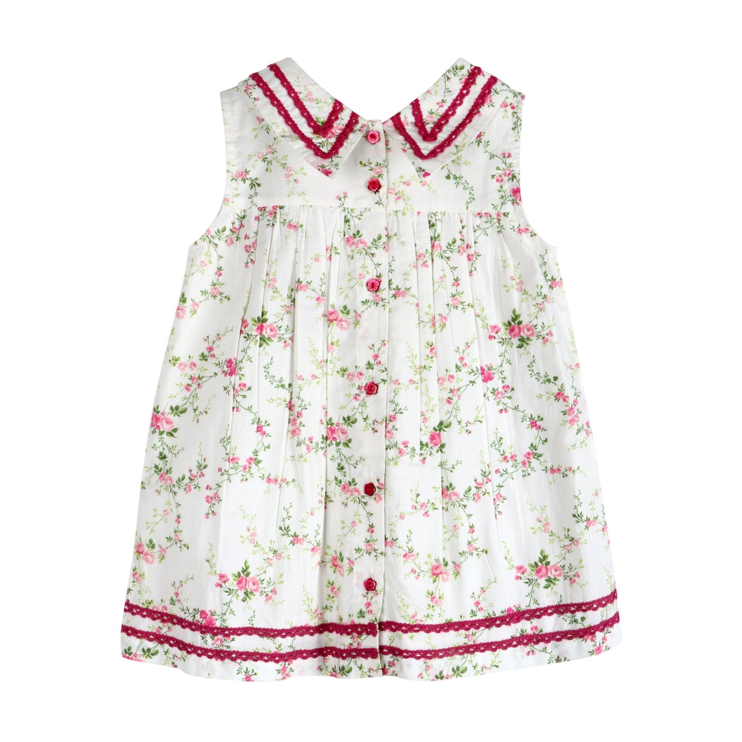 Back view of LARILI Victorian Rosebud dress. Pink floral cotton with lace V-neck and vintage button back.