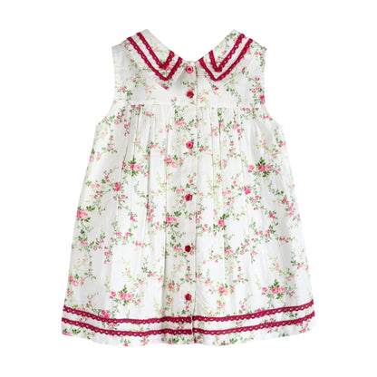 Back view of LARILI Victorian Rosebud dress. Pink floral cotton with lace V-neck and vintage button back.