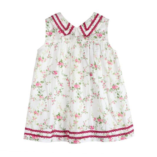 LARILI Victorian Rosebud dress. Pink floral cotton with lace V-neck and vintage button back.