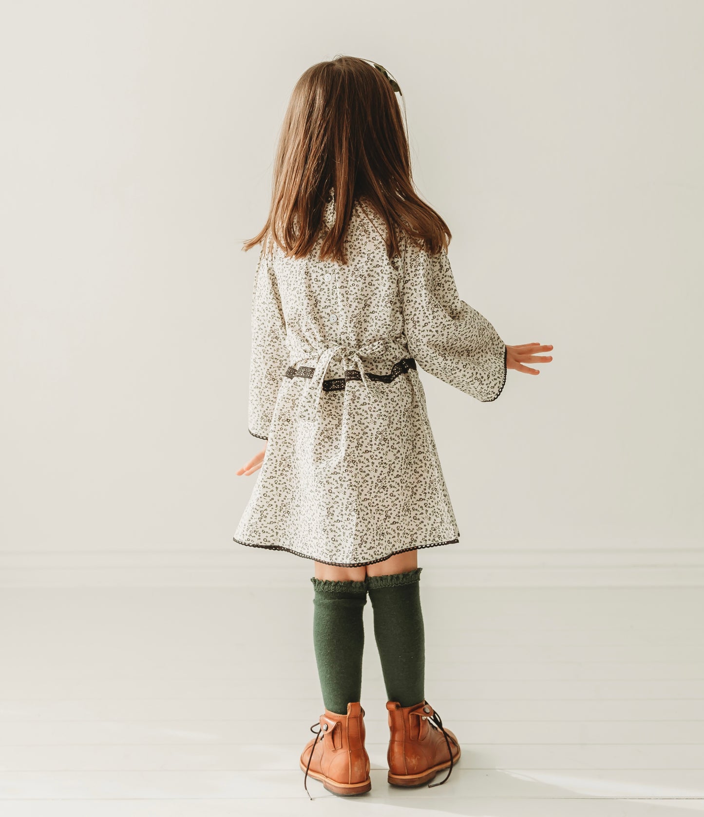 Lace Yoke Off-White & Grey Printed Dress