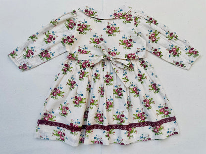 Bunch Floral Printed Girl's Cotton Dress with Crimson Lace - LARILI