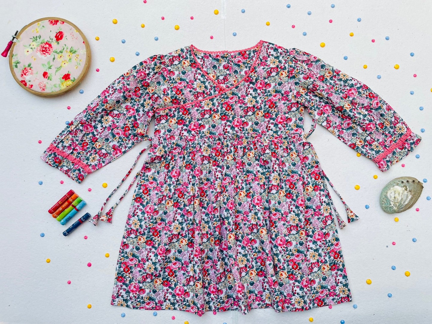 Long Sleeves Pink Bloom Overlap Girl's Cotton Dress - LARILI