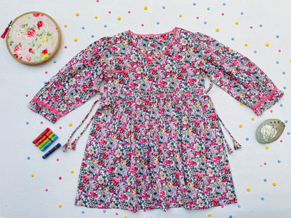 Long Sleeves Pink Bloom Overlap Girl's Cotton Dress - LARILI