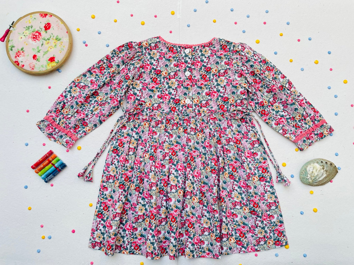 Long Sleeves Pink Bloom Overlap Girl's Cotton Dress - LARILI