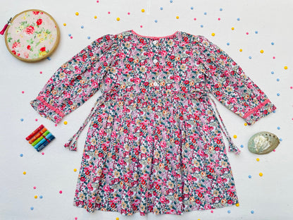 Long Sleeves Pink Bloom Overlap Girl's Cotton Dress - LARILI